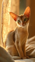 Singapura cat with large green eyes and beige fur sits gracefully on a cushion by a sunlit window.