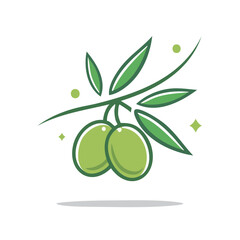 Olive branch illustration with two olives and green leaves on a branch, for Mediterranean or food concepts.