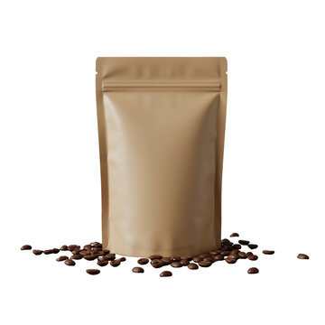 Brown kraft coffee pouch with coffee beans for eco-friendly food packaging or branding design, isolated on a transparent background, png, cutout