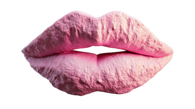 Close-up view of soft glossy pink lips with smooth texture and delicate details on white background