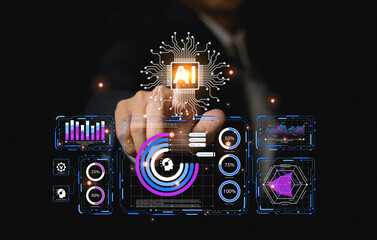 Futuristic business technology with AI interface and touch control system for smart data management...