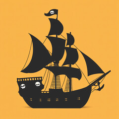 Black Silhouette of Pirate Ship with Skull Flags on Orange Background
