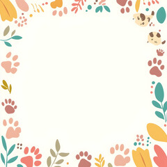Obraz premium Cute animal paw prints and leaves floral frame background