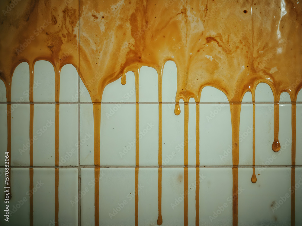 Poster intriguing close-up of viscous liquid cascading down vintage tiled surface creating captivating patt