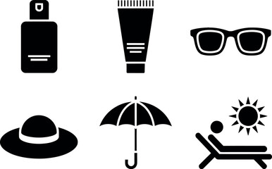 Vector summer sun safety icons:  sun, hat, umbrella, sunglasses, lotion.