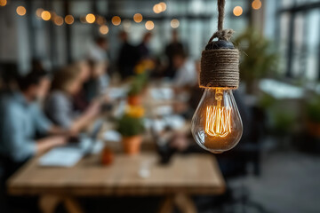 Close-up of Hanging Light Bulb with Blurred Team Meeting in Background