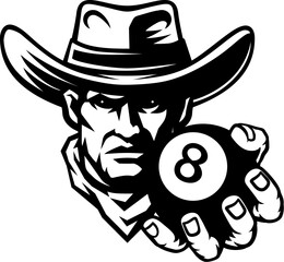 Cowboy man cowboys billiards pool mascot holding 8 black billiard ball