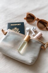 Aromatherapy roller inside travel pouch with cosmetics and passport for daily wellness on-the-go, Aromatherapy Roller