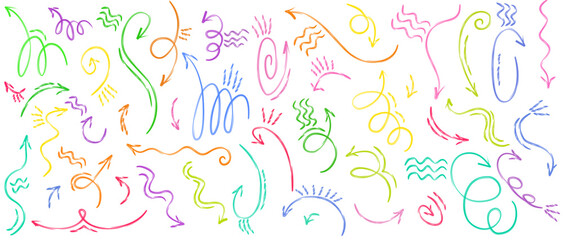 Colorful doodle arrows and sketch lines for educational infographics and school visual aids, isolated vector

