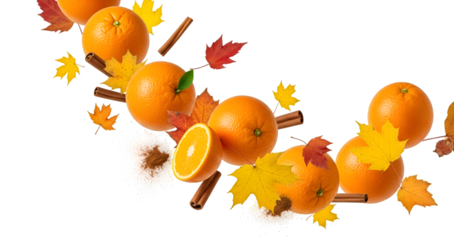 Oranges, Cinnamon, and Autumn Leaves Float on a Transparent Background