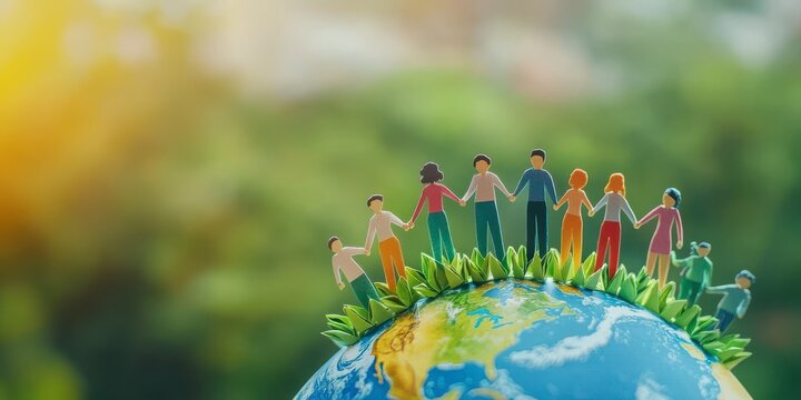 A group of people holding hands on a globe. The globe is surrounded by trees and grass. The people are of different ages and races. Concept of unity and togetherness