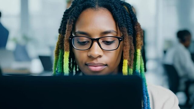 African American woman with multi colored dread locks in front of laptop monitor in office. Close-up captures her focus as she navigates tasks, her colorful dreadlocks adding personality to the scene.