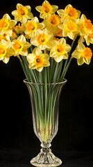 Yellow and orange daffodils in a glass vase, on black background. Ideal for spring, floral, or nature themes