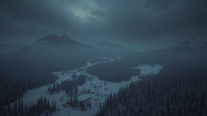 Snowy Pine Forest Landscape During Rainfall with Moody Sky and Mountain Silhouettes