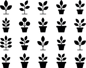 Vector illustration:  Simple potted plant icons, growth, black silhouettes.