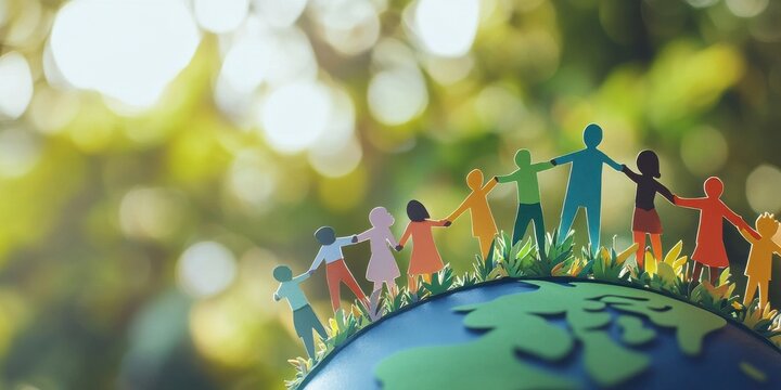 A group of people holding hands around a globe. Concept of unity and togetherness, as if the people are all connected to the world and each other