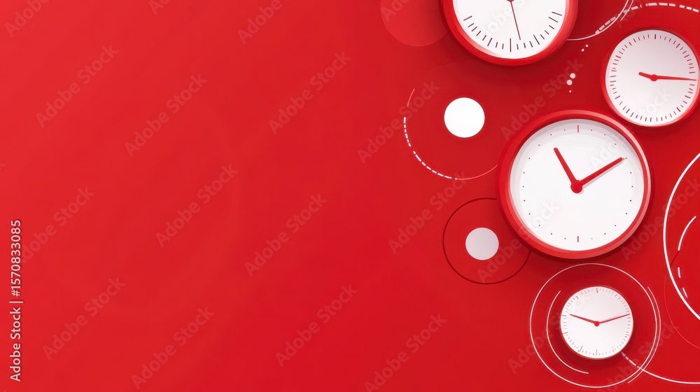 Poster a red background with white clocks on it. the clocks are all different sizes and are placed in vario