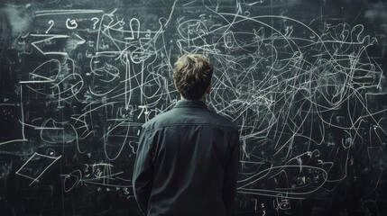 A man stands in front of a blackboard with a lot of writing on it. The writing appears to be a mix of equations and random symbols
