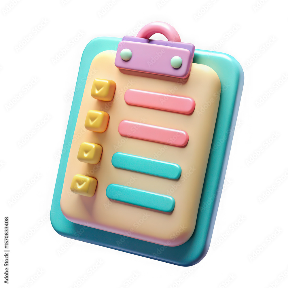 Poster cute 3d checklist clipboard with colorful items isolated on transparent background