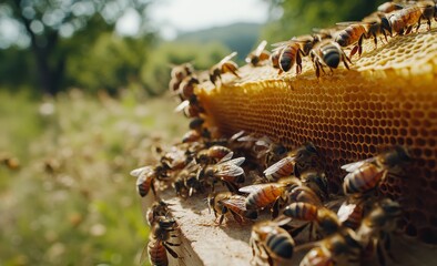 A group of bees are gathered around a honeycomb. The bees are busy collecting nectar and pollen from the flowers in the field. The scene is peaceful and serene