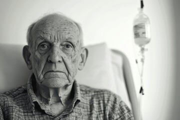 An old man with a black and white photo of him sitting in a hospital bed. He is hooked up to a IV and he is in pain
