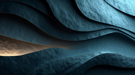 Obraz premium Elegant abstract background featuring flowing wavy layers of textured deep blue and gold surfaces, creating a calming and sophisticated design.