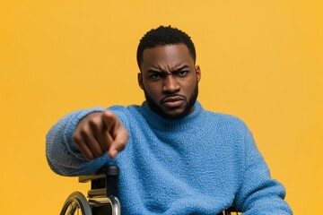 A man in a blue sweater is pointing at something. He is sitting in a wheelchair. Concept of frustration or annoyance