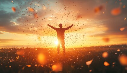 A man is standing in a field of flowers with the sun shining on him. The scene is peaceful and serene, with the man's arms raised in the air as if he is celebrating or expressing joy