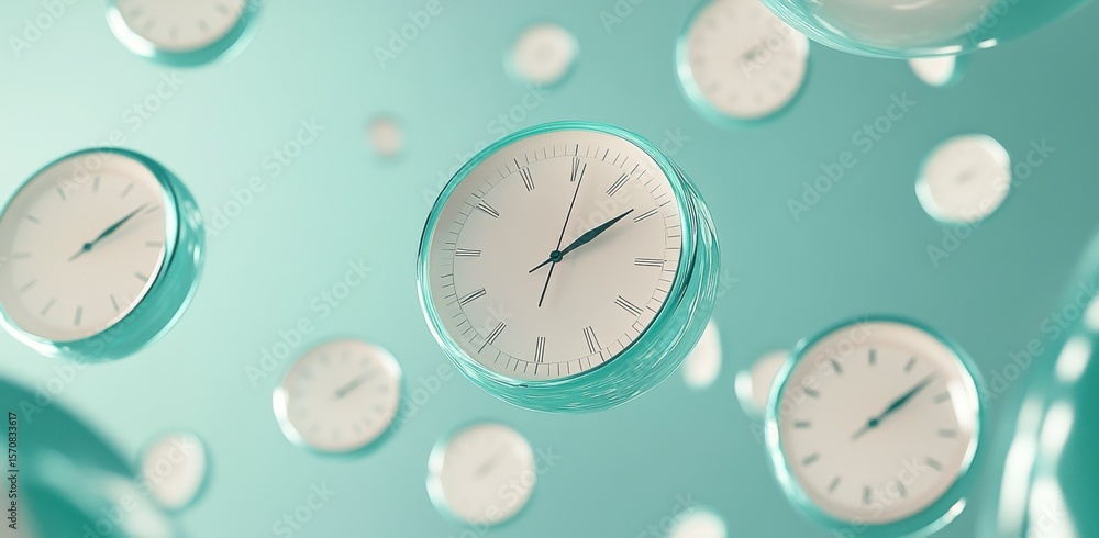 Poster a collection of clocks are floating in the air, each with a different time displayed. concept of tim