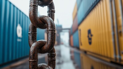 A chain is hanging from a building. The chain is rusty and wet. The image has a mood of sadness and decay