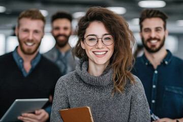 Smiling Young Woman Standing with Team in Modern Office, Group Portrait