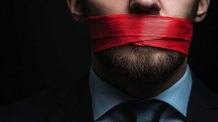 A man is tied up with red string and wearing a suit. Concept of restraint and control, as if the man is being held back from expressing himself or taking action. The red string adds a dramatic