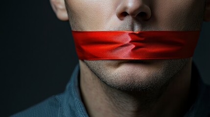 A man's face is covered in red tape. The tape is tied around his mouth and nose, and it is red. The man's face is covered in tape, and he is not able to speak