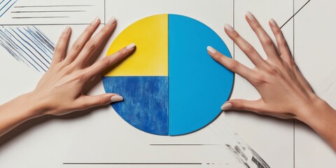 A woman's hands are holding a blue and yellow piece of paper with a circle on it. The circle is divided into four sections, with the blue and yellow sections in the middle