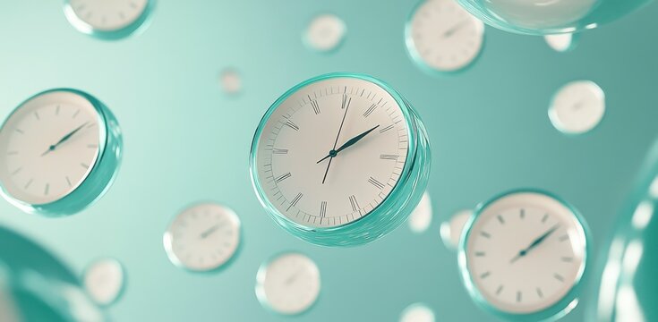 A collection of clocks are floating in the air, each with a different time displayed. Concept of time passing quickly and the fleeting nature of life