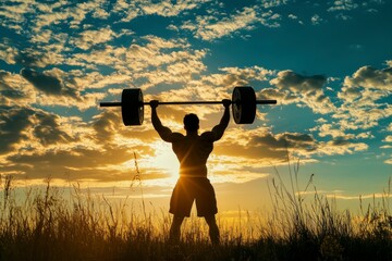 A man is lifting a heavy weight in a field with a beautiful sunset in the background. Concept of strength and determination, as the man is focused on his workout despite the stunning surroundings