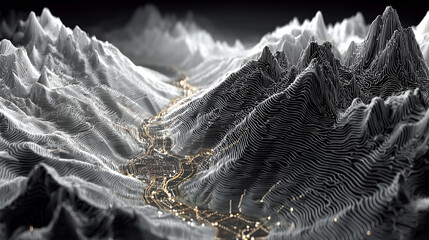 Abstract digital winter landscape resembling majestic snowy mountains with intricate white lines and a glowing golden path winding through valleys.