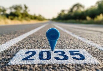 A blue marker is placed on a road with the number 2035 written in white. Concept of progress and forward movement, as the marker is placed on the road to indicate a milestone or goal
