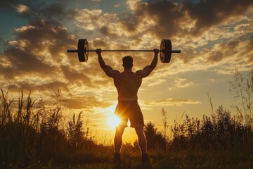 A man is lifting a barbell in a field at sunset. Concept of strength and determination, as the man is focused on his workout despite the beautiful surroundings. The sunset adds a serene