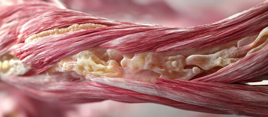 A close up of a pink and white ribbon with a red stripe. The ribbon is twisted and has a rough texture. Concept of movement and energy, as if the ribbon is alive and pulsating