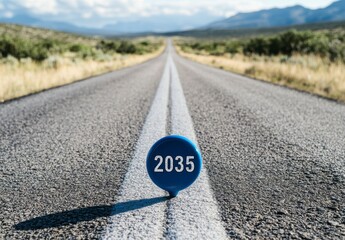 A blue sign with the number 2035 on it is sitting on the side of a road. The sign is placed in the middle of the road, with the road stretching out behind it. Concept of progress and forward movement