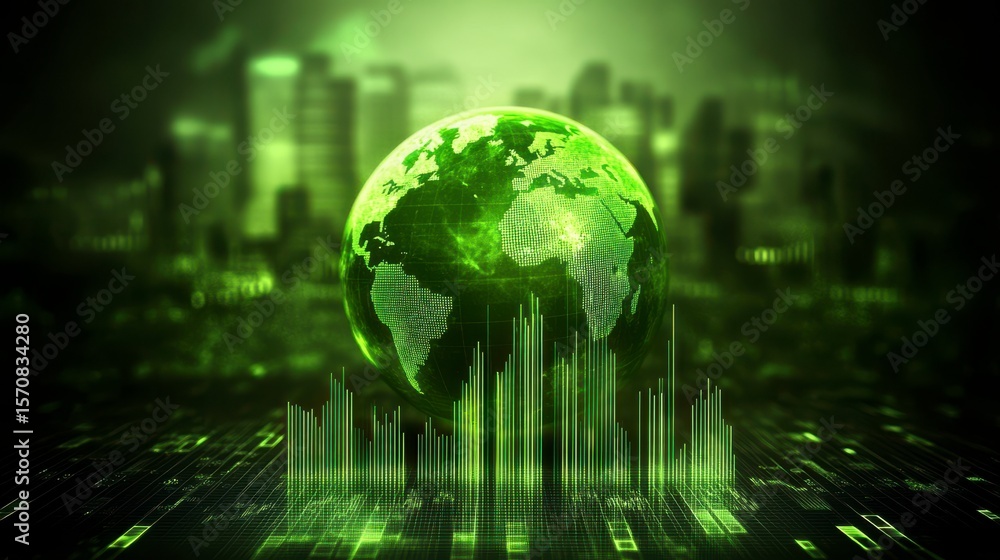 Poster a green globe is surrounded by a series of green lines. the globe is the center of the image and the