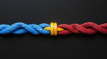 A rope with two different colored strands, blue and red, is tied together in a knot. The knot represents the idea of unity and connection, as the two different colors come together to form a single