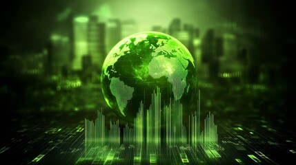 A green globe is surrounded by a series of green lines. The globe is the center of the image and the lines are coming out of it. The image has a futuristic and technological feel to it