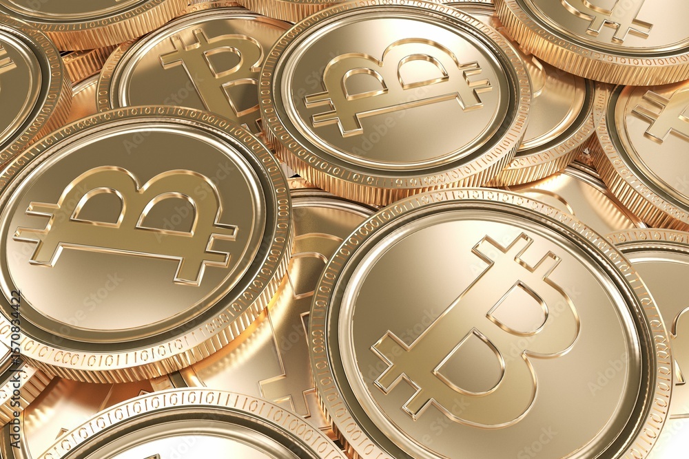Aufkleber gold bitcoin coins are gleaming in 3d render macro shot, reflecting light on textured surfaces