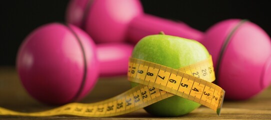 Pink dumbbells with green apple and measuring tape