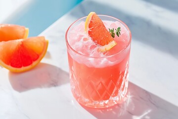 A refreshing grapefruit and thyme mocktail served in an elegant crystal glass, set on a marble table in bright, natural sunlight.