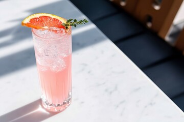 A refreshing grapefruit and thyme mocktail served in an elegant crystal glass, set on a marble table in bright, natural sunlight.