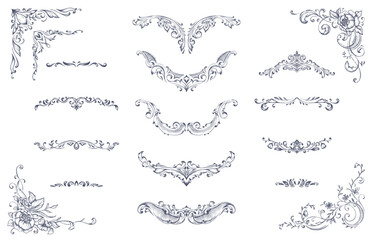 Set of vintage vector design elements, dividers, corners borders. Retro Victorian style.