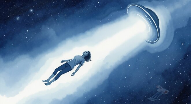 Woman being abducted by a UFO with a bright beam of light in space. Mysterious alien abduction event. World UFO day.